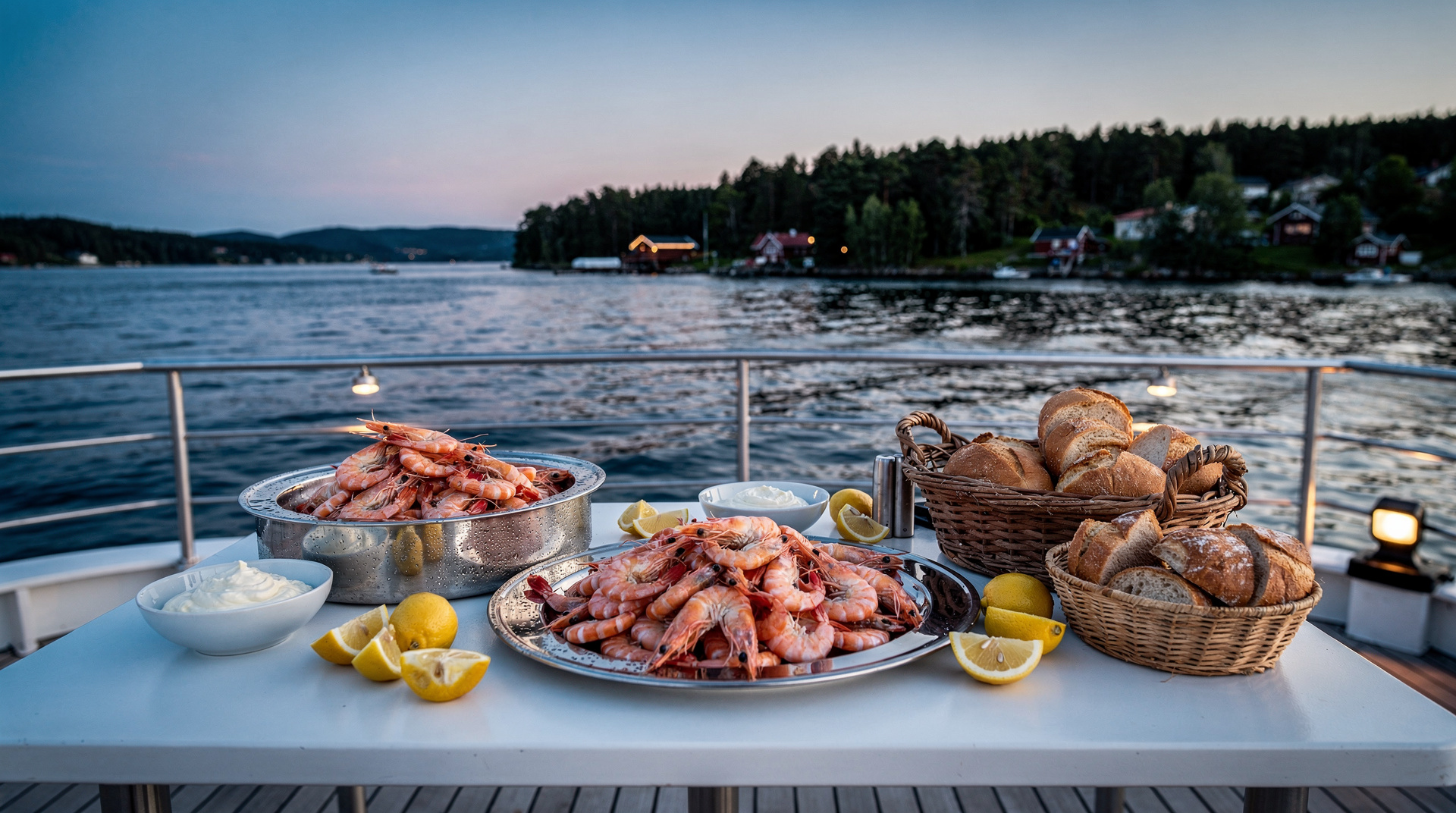 Croisière buffet de crevettes à Oslo : la soirée norvégienne classique sur le fjord — La croisière buffet de crevettes d'Oslo : crevettes norvégiennes fraîches, lumiè
